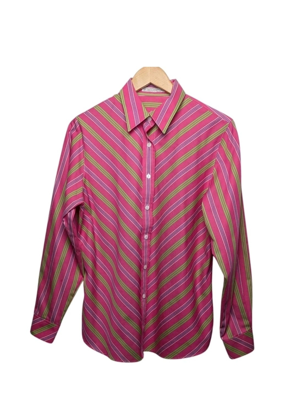 Foxcroft Wrinkle Free Pink Striped Button-Down Shirt with Green Accents
